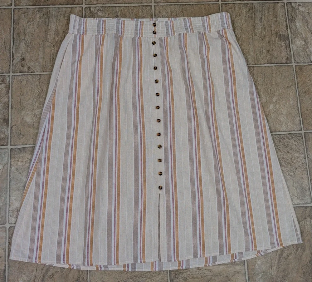 Sonoma sz 2X Linen Blend Midi Skirt pull on multi color stripes pockets 2787